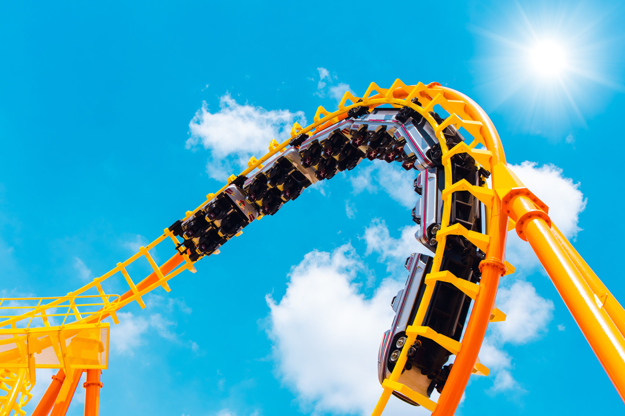 Rollercoaster railroad car no people testing track high to the sky roll bend and twist for exciting fun people at theme park during Coronavirus(Covid-19) pandemic